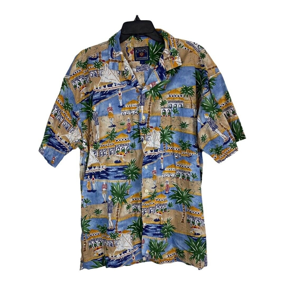 Chaps Ralph Lauren Mens Shirt Button Up Size Large Blue Hawaiian Palm Tree